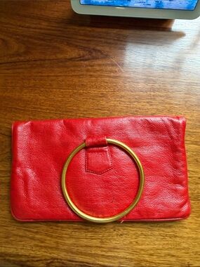 Red Leather Ring-Handle Clutch